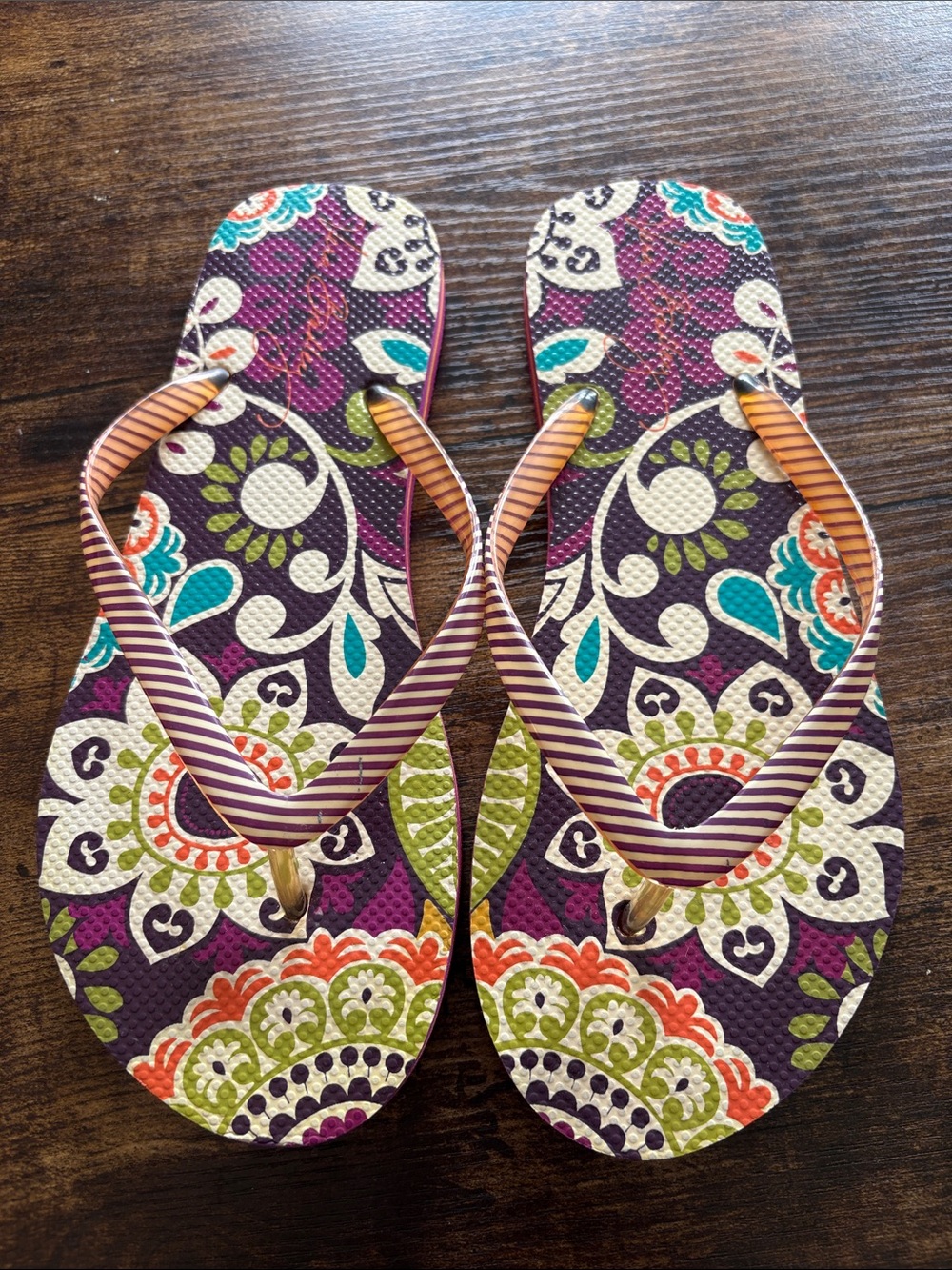 Vera Bradley Women's Purple Floral Flip Flops with Striped Straps—Plum Crazy